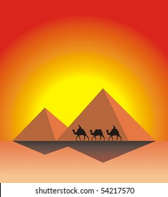 vector landscape with pyramids and camels