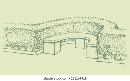 Vector landscape. A quiet corner of the park with a bench in the hedge of a geometrically exactly trimmed bushes