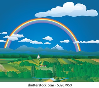 vector landscape with rainbow, layered and fully editable