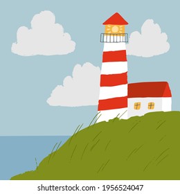 Vektorszene mit Leuchtturm und Meer in handgezeichnet Stil. Einfache Illustration für Kinder.