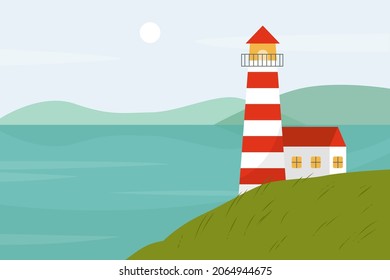 Vector landscape with red lighthouse on the grass and blue sea in flat style. Scenery with sea and mountain. Vector illustration. 