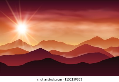 Vector landscape with red, purple and orange silhouettes of hills and mountains and sunset sky with light rays and clouds