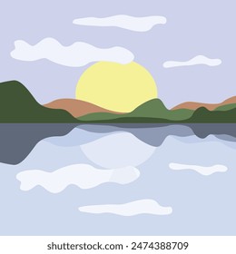 Vector landscape in the reflection of the lake and the sun going over the horizon.