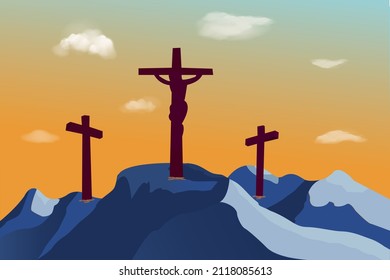 Vector landscape of religious theme for Christian religion, he is risen on Easter Sunday. Illustration of mountain Calvary and silhouette of three crosses and Jesus Christ hanging on cross at sunset