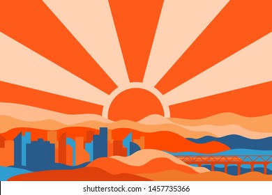Vector landscape. Retro style. Abstract background. Template for web page. Vintage colors. City with transport links. Silhouettes of buildings. The train goes by the bridge.