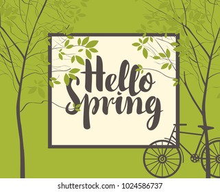Vector landscape in retro style on the spring theme with the inscription Hello Spring, trees and bike on green background