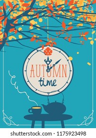 Vector landscape in retro style on the fall theme with the words autumn time on the clock, with a cup of hot drink and kettle on the table in a street cafe under the autumn tree.