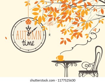Vector landscape in retro style on the fall theme with the words autumn time on the clock, with a Cup of hot drink on the table in a street cafe under the autumn tree.