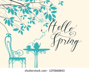 Vector landscape in retro style on the spring theme with calligraphic inscription Hello spring, with a cup of hot drink on the table under the tree with spider and cobweb.