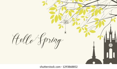 Vector landscape in retro style on the theme of spring with handwritten inscription Hello Spring, a tree with young green leaves, a spider on the web and the roofs of old castles.