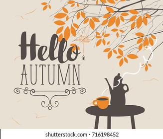 Vector landscape in retro style on the autumn theme with the inscription Hello autumn, with a cup of hot drink and kettle on the table under autumn tree