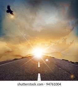 Vector landscape with rising sun, soaring eagle, and the road