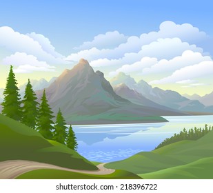 Green Meadows Three Mountains Background Stock Vector (Royalty Free ...