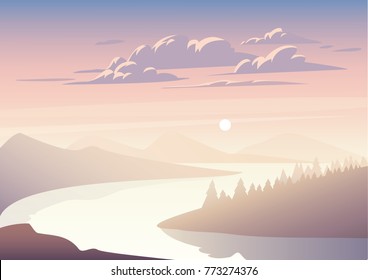 Vector landscape with a river among the forest illustration. Sunset.