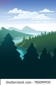 Vector landscape with a river among the forest. Flat style illustration.