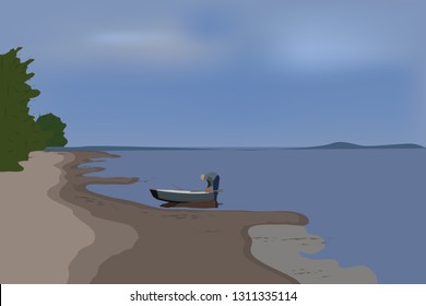 Vector landscape with a river. Fisherman near his motor boat with oars in the water near the sandy shore. Dull sunset against the cloudy sky. On the shore of dark green trees. Blue background, water.