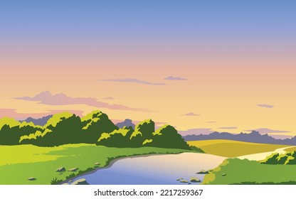 Vector landscape with river, sky and clouds. Sunset. Anime cartoon style. Background design