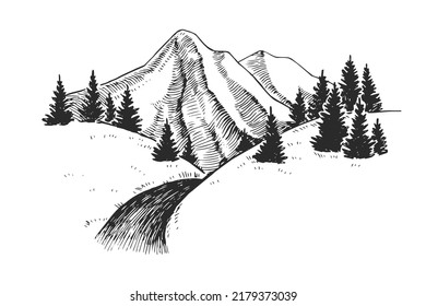 Vector landscape with a road leading to the mountains. Hand drawn illustration of rocks with firs. Sketch of scenery with hills. 