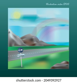El paisaje vectorial. Paisaje con carretera y montaña. Arcoiris en el cielo. Ilustración de la naturaleza. Estilización. Montañas y océanos