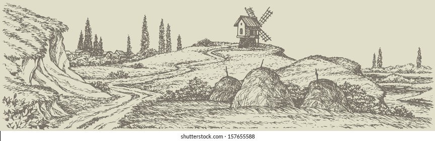 Vector landscape. The road to the old windmill on a hill surrounded by fields of wheat with haystacks 