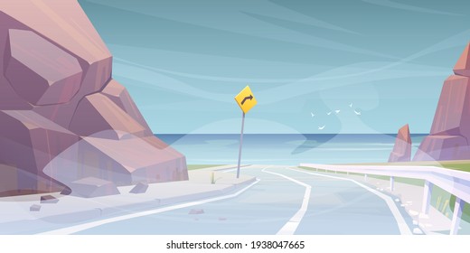 Vector landscape with road to sea beach in fog