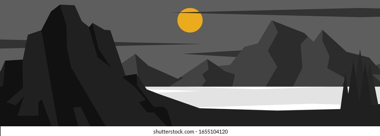 Vector landscape with rocky,mountain and lake in minimalist black.