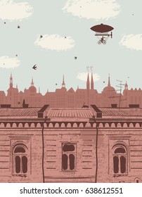 vector landscape with the roofs of the old town, cloudy sky, blimp and swallows in retro style