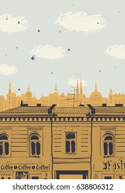vector landscape with the rooftops of the old city on a Sunny day, with clouds and swallows in the sky in retro style