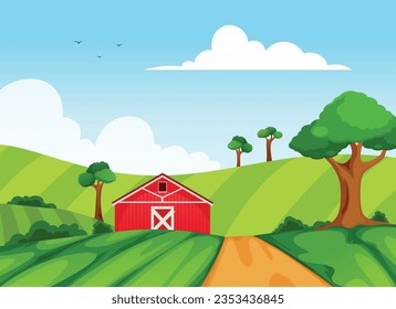 Vector landscape of rural house, green grass illustration