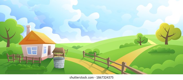 Vector paisaje de casa rural con pozo. Granja en el campo entre los campos coloridos.