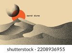 Vector landscape of sand dune in dotwork style. Stipple illustration design. Old retro dot texture vintage gradient. Pointillism graphic. Grain terrain wallpaper.