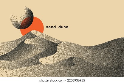 Vector landscape of sand dune in dotwork style. Stipple illustration design. Old retro dot texture vintage gradient. Pointillism graphic. Grain terrain wallpaper. svg