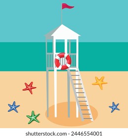 Vector landscape of a sandy beach and the ocean on the horizon. A rescue post on the shore. A lifebuoy and starfish on the sand.