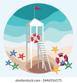 Vector landscape of a sandy beach and the ocean on the horizon. A rescue post on the shore. A lifebuoy and starfish on the sand.