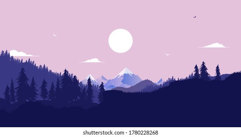 Paisaje vectorial con hierba y colinas, bosque, árboles, montañas y sol en el cielo. Tranquilo, natural y exterior. Ilustración.