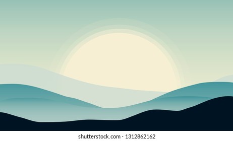 Vector landscape scenery with hills, sun and sky. Vector illustration.