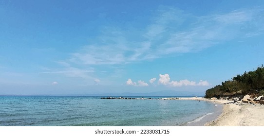 Vector landscape with sea and blue sky.Watercolor summer background.