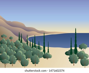 Vector landscape of the sea coast and mountains in a flat style. EPS10.