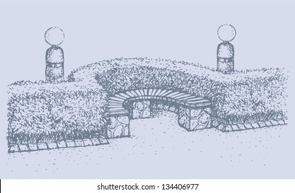 Vector landscape. Semicircular bench in the park today. Smoothly shaved geometric shape bushes and round lights