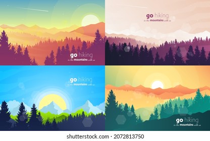 Vector landscape set, sunrise scene in nature with mountains and forest, silhouettes of trees. Hiking tourism. Adventure. Minimalist graphic flyer. Polygonal flat design for coupon, voucher, gift card