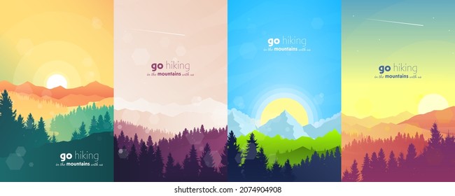 Vector landscape set, sunrise scene in nature with mountains and forest, silhouettes of trees. Hiking tourism. Adventure. Minimalist graphic flyer. Polygonal flat design for coupon, voucher, gift card