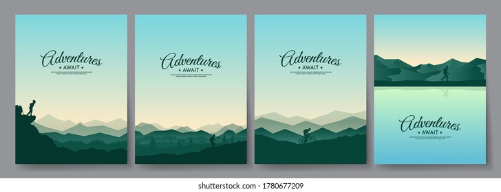 Vector landscape set. Travel concept of discovering, exploring and observing nature. The guy watches nature, riding at mountain bike, climbing to the top, going hike. Design for book cover, poster