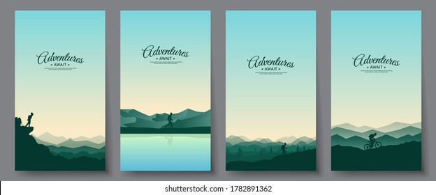 Vector landscape set. Travel concept of discovering, exploring and observing nature. The guy watches nature, riding at mountain bike, climbing to the top, going hike. Design for flyer, invitation 