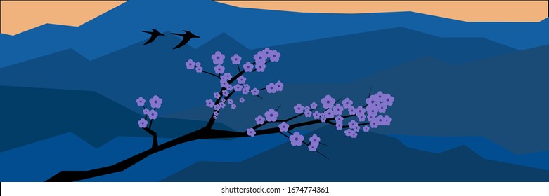 Vector landscape shows a tree branch with purple flowers and mountain range in blue color tones 