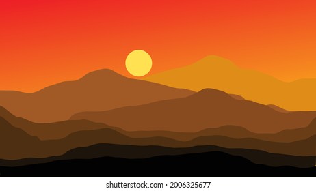 Vector landscape with silhouette of the evening sky sunset in the mountains