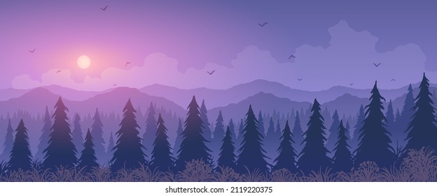 Vector landscape. Silhouette of fir trees among flowering meadow and mountains at sunset.