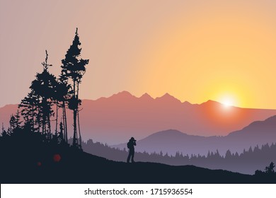 Vector landscape, silhouette of a lonely traveler taking picture of mountains and forest at sunset. Outdoor hiking, backpacking photographing in national park, exploring nature. Landscape photographer