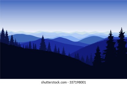 Vector landscape. Silhouette of mountains and coniferous trees. Evening. Blue shades. Winter. Cold.