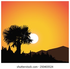 Vector landscape. Silhouette of palm. Orange shades. Eps 10.