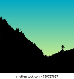Vector landscape silhouette. Realistic trees, woods, hills and mountain silhouettes on night and evening sky. Outdoor nature scene